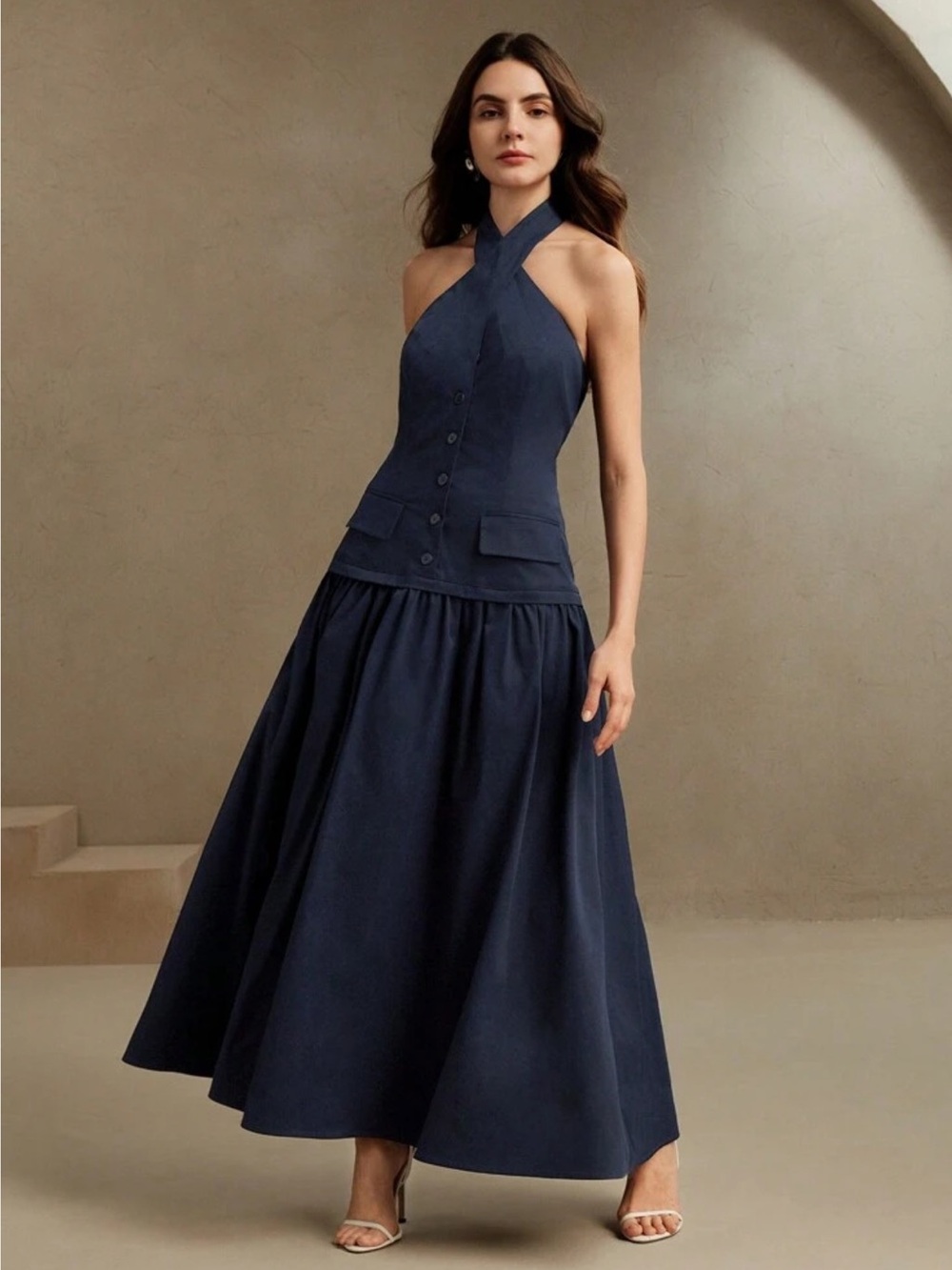 STAUD Elegant Halter Maxi Dress Navy Blue Cotton Poplin Size 0 NWT